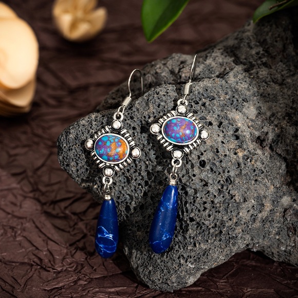 Blue Drop Dangle Earrings with Multicolor Stone Accents - Picture 3 of 3